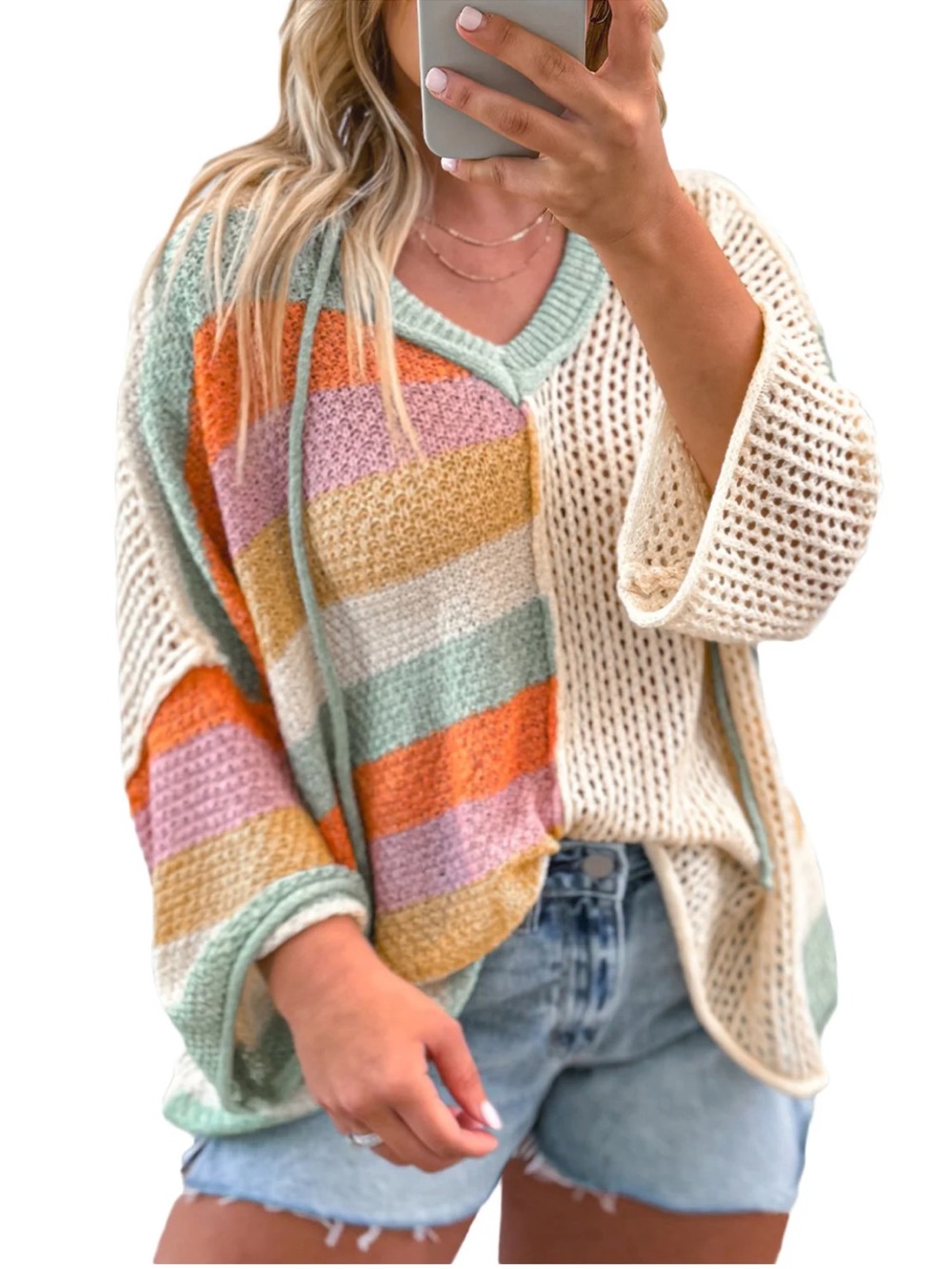POL crochet Pointelle Striped colorblock V-Neck Knit Sweater